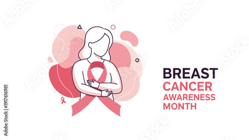 Pink ribbon and woman illustration promotes breast cancer awareness and support for patients during the national month.