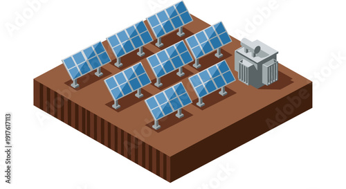 Isometric illustration depicting a sustainable solar farm with multiple photovoltaic panels and a power converter, symbolizing renewable energy generation and clean technology for a greener future