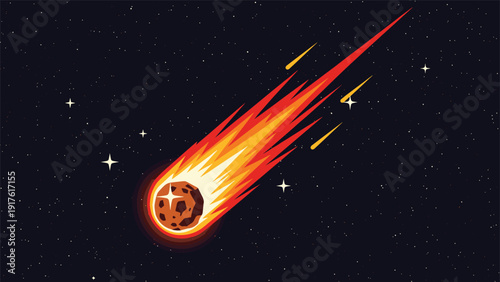 Fiery comet with a glowing tail streaks through the deep space filled with bright stars and distant celestial objects.