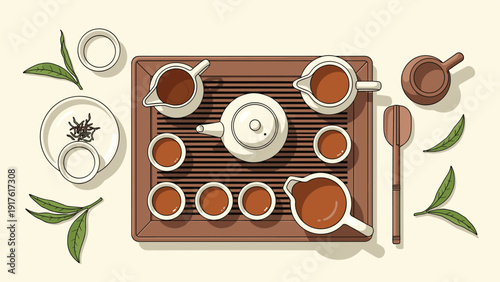 Overhead view of a traditional oriental tea ceremony set with teapot, cups, and leaves on a wooden tray for mindful relaxation.
