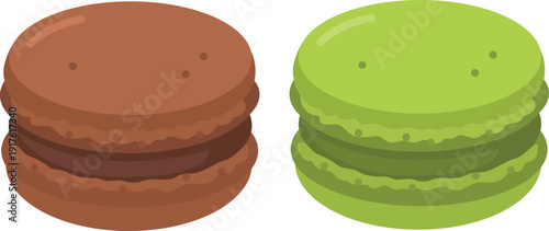 Macaroon assortment. Two sweet cakes with chocolate and matcha flavors. French dessert. Flat cute colorful cartoon illustration.