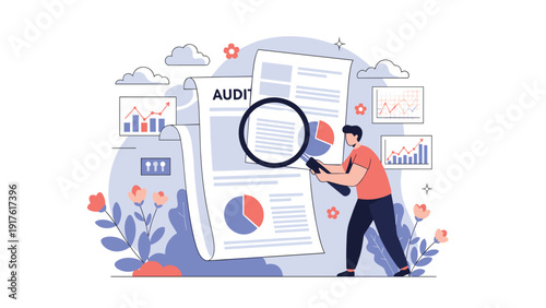 Professional man conducting an audit by examining financial documents and charts through a large magnifying glass for accuracy and compliance.