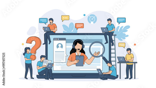 Team of workers around a giant laptop screen with an online customer support representative helping with queries and tasks.