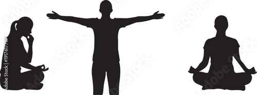 Yoga Poses and Meditation Silhouettes: Three Figures in Different Zen Positions Isolated on White Background