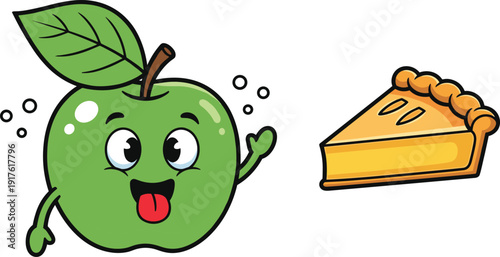 Cute green apple mascot illustration pointing at pie slice, funny cartoon fruit character with happy face, playful food concept isolated on white background