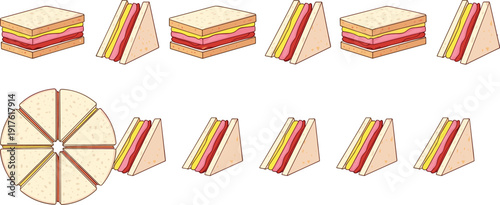 Sandwich illustration set featuring assorted layered sandwiches and sliced bread pieces, hand drawn vector food collection isolated on white background