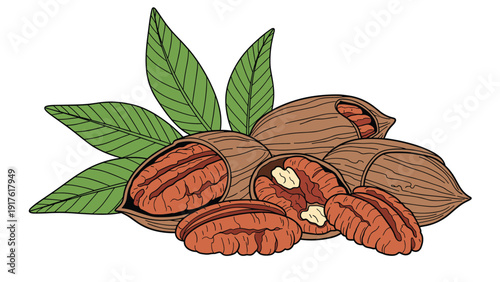 Realistic illustration of a pile of pecan nuts in shells and kernels with green leaves on a white background for food packaging.