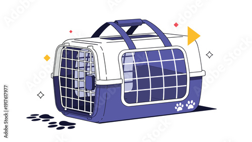 Professional blue and white pet carrier bag with a metal gate and paw prints on a white background for safe animal transport.