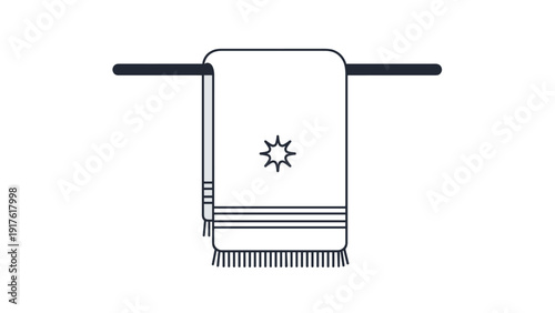 Simple line drawing of a white towel with a sun icon hanging on a horizontal towel rack on a plain white background.