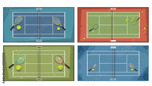 Collection of four tennis courts in different colors seen from an aerial top view with rackets and balls on the playing surfaces.
