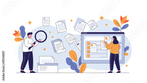 Two office workers managing and searching through digital documents on a computer screen and paper files in a flat illustration.