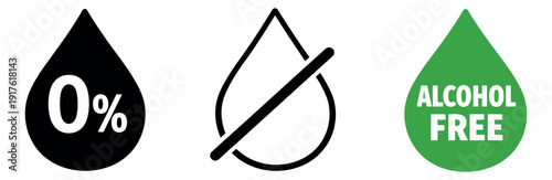 Graphic icon set featuring alcohol free and 0 percent alcohol symbols for product labeling