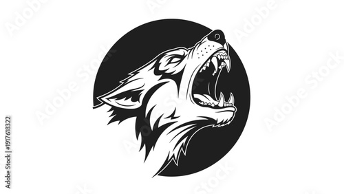 Detailed black and white vector illustration of a wild wolf howling at the moon inside a circular frame for logo or graphic design.