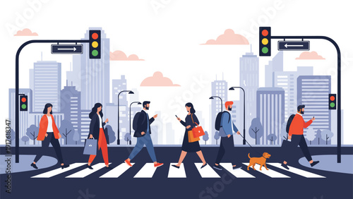 Crowd of diverse people walking across a street crosswalk in a busy urban city with tall skyscrapers and modern infrastructure.