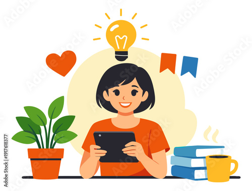 Modern flat design illustration of a young woman depicting an idea and using a tablet for creativity and digital learning