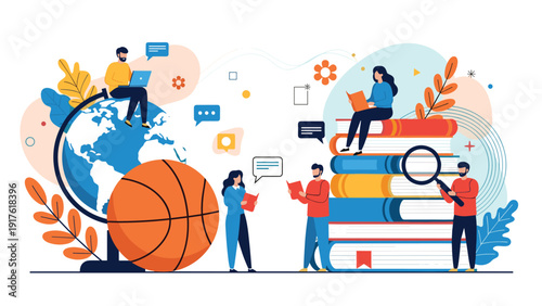 Students reading books and using laptops around a giant globe for international education and global learning concepts.