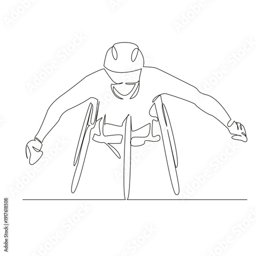 One continuous single drawing line art flat doodle athletic, man, sport, disabled, competition, athlete, disability, race, wheelchair, game. Isolated image hand draw contour on a white background; han