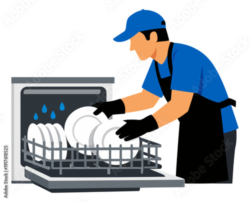 Flat design illustration of a man depicting loading dishes into a dishwasher for household chores