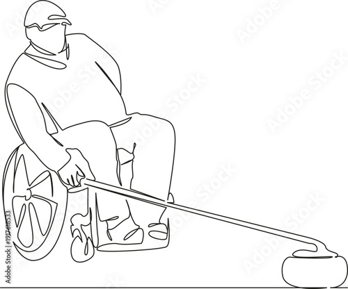 One continuous single drawing line art flat doodle man, wheelchair, curling, disabled, teamwork, competition, athlete, athletic. Isolated image hand draw contour on a white background; hand drawn; not