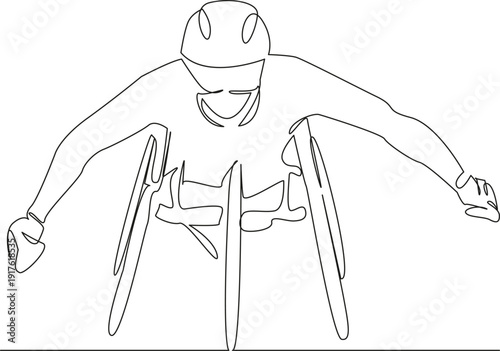 One continuous single drawing line art flat doodle athletic, man, sport, disabled, competition, athlete, disability, race, wheelchair, game. Isolated image hand draw contour on a white background; han