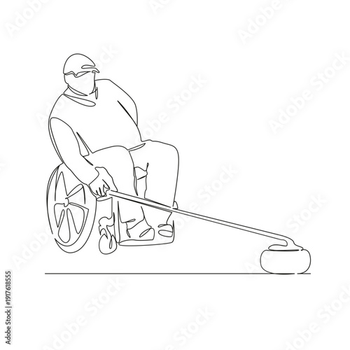One continuous single drawing line art flat doodle man, wheelchair, curling, disabled, teamwork, competition, athlete, athletic. Isolated image hand draw contour on a white background; hand drawn; not