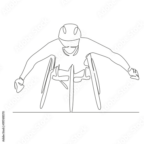 One continuous single drawing line art flat doodle athletic, man, sport, disabled, competition, athlete, disability, race, wheelchair, game. Isolated image hand draw contour on a white background; han