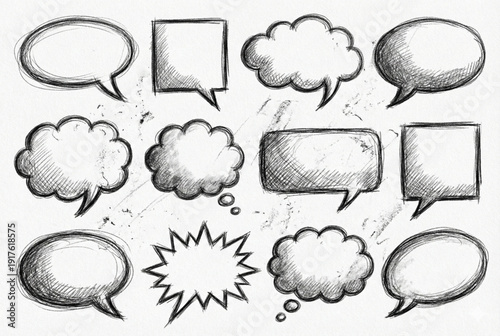 Graphite pencil sketch of speech balloons, rough sketch texture, scribbly lines, shading and hatch marks, collection of different conversation bubbles, isolated on white background