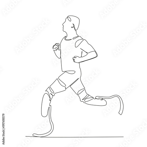 One continuous single drawing line art flat doodle sport, running, athlete, exercise, fitness, leg, person, prosthetic, disability, runner. Isolated image hand draw contour on a white background; hand