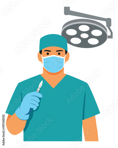 Flat illustration of a surgeon depicting a medical professional holding a scalpel and wearing a mask for surgical procedures