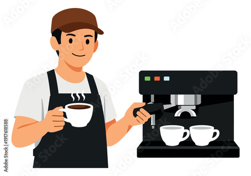 Flat design illustration of a barista depicting making coffee with an espresso machine for a cafe