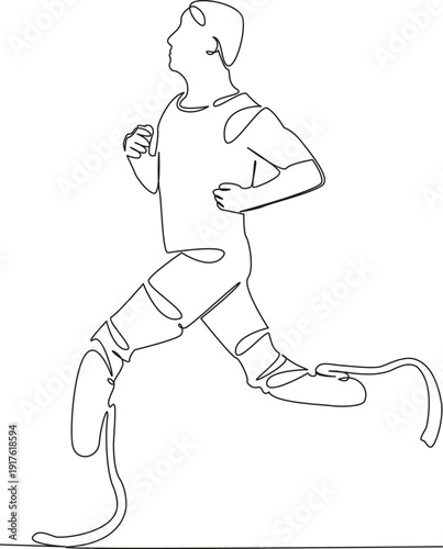 One continuous single drawing line art flat doodle sport, running, athlete, exercise, fitness, leg, person, prosthetic, disability, runner. Isolated image hand draw contour on a white background; hand