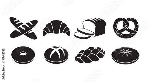Assorted Baked Goods Icons Set: Bread, Croissant, Pretzel, Donut, Pie, Challah