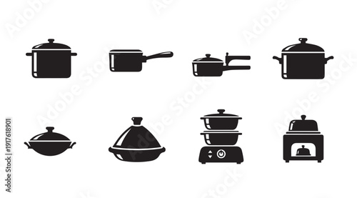 Assorted Cookware Icons Set: Pots, Steamer, Tagine, Wok - Kitchenware Vector Graphics
