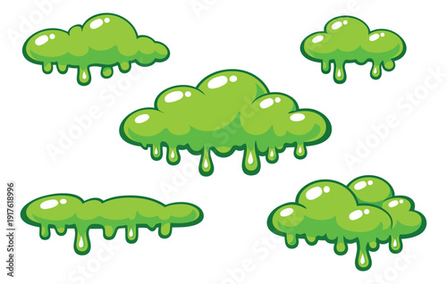 Cartoon slime cloud set featuring dripping green shapes for game design and halloween