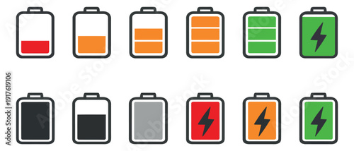 Modern line art battery icon set featuring different power levels and charging states for user interface design