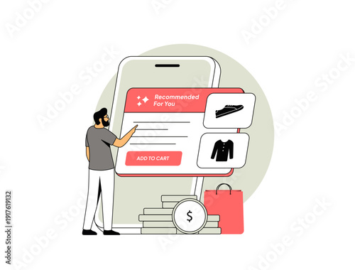 AI product recommendation system for e-commerce shopping app, personalized offers add to cart interface, ai digital marketing analytics UI, modern flat infographic 2026, outline vector illustration