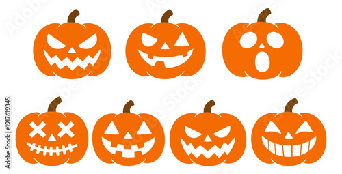 Flat graphic jack-o'-lantern set featuring various carved faces for Halloween decoration