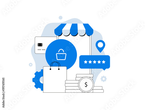 E-commerce online shopping storefront, digital payment coins, customer rating review, location pin, seo marketplace retail UI, modern flat business infographic, isolated outline vector illustration