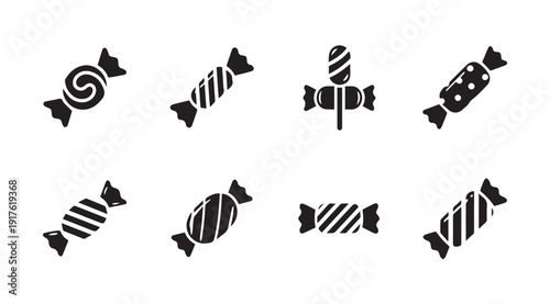 Assortment of Wrapped Candies Icons, Vector Graphics, Isolated on White