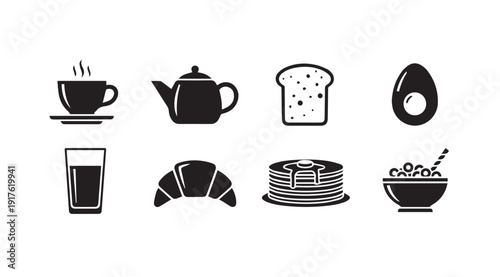 Breakfast Icons Set: Coffee, Tea, Toast, Egg, Croissant, Pancakes, Cereal Bowl - Simple Vector Graphics