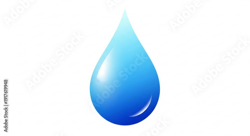 Large blue water droplet with shiny gradient effect on white