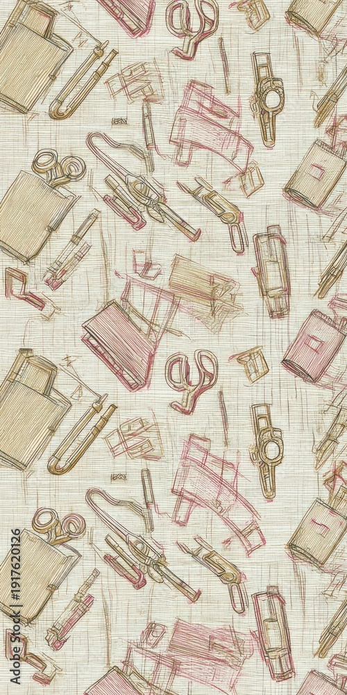 Obraz premium Hand-drawn illustrations in pastel hues form a repeating pattern of sewing tools and notions