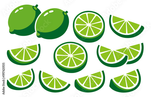 Flat design lime fruit set featuring whole, sliced, and wedge pieces for food and drink concepts