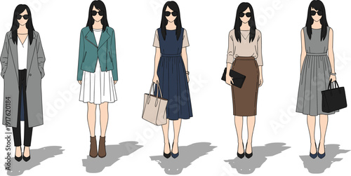 Fashion illustration of women wearing office wear outfits including long coats jackets formal dresses and skirts with handbags and sunglasses.