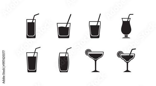 Cocktail Glass Collection with Straws - Minimalist Vector Icons