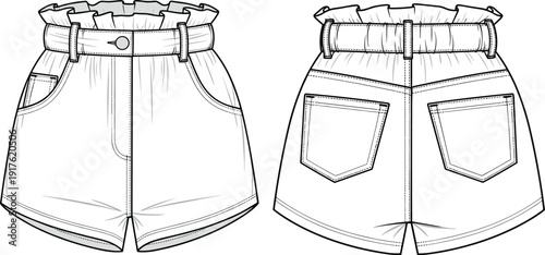 Fashion technical sketch of women high waist paperbag shorts with belt and pockets front and back view vector flat template.