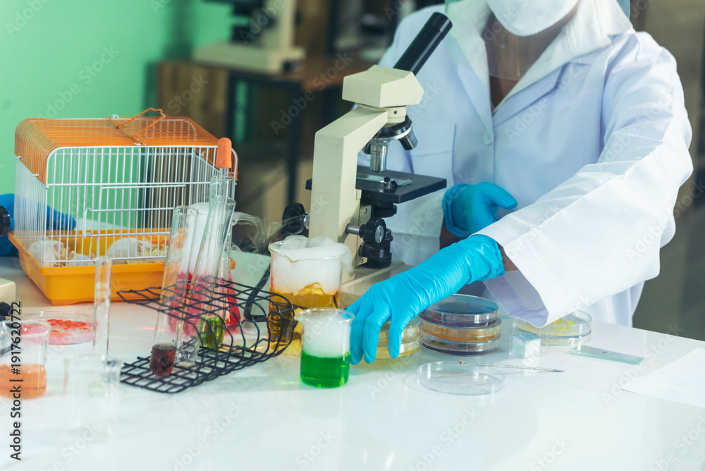 Fototapeta premium Scientist man holding chemical test glass tube testing science laboratory. Doctor clinic healthcare lab technician diagnosis sample. Asian man scientist working vaccine test medical biochemistry lab