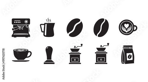 Coffee Making Icons: Espresso Machine, Grinder, Beans, Cup, Milk Jug, Tamper, Bag