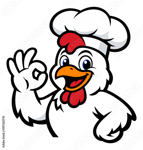 Cartoon illustration of a chef chicken depicting an ok hand gesture for food related branding