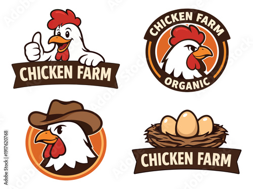 Cartoon graphic chicken farm logo set featuring various rooster characters and a nest of eggs for agricultural branding